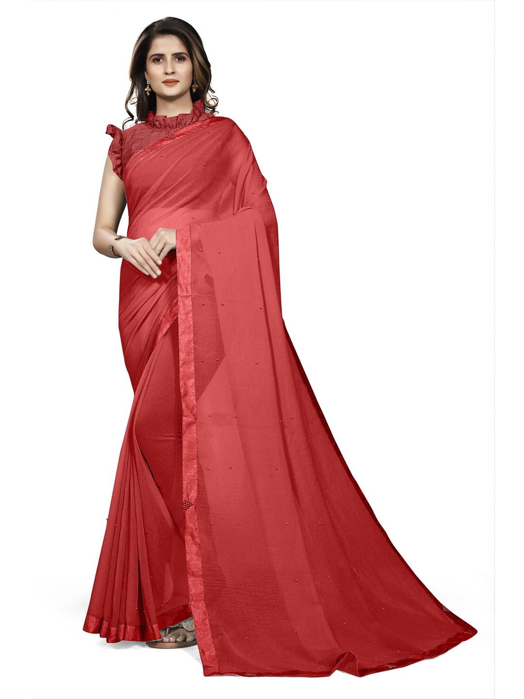 

KALINI Red Solid Embellished Poly Chiffon Saree