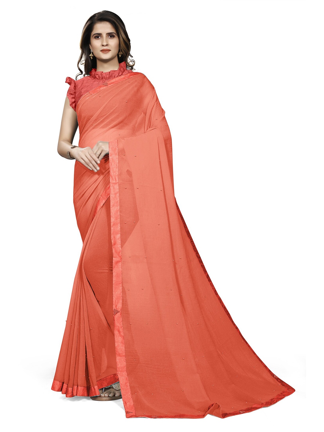 

KALINI Orange Solid Embellished Poly Chiffon Saree