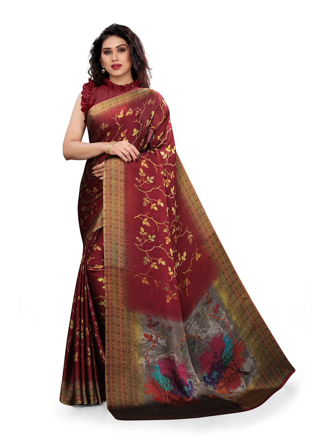 

KALINI Maroon & Yellow Floral Printed Saree