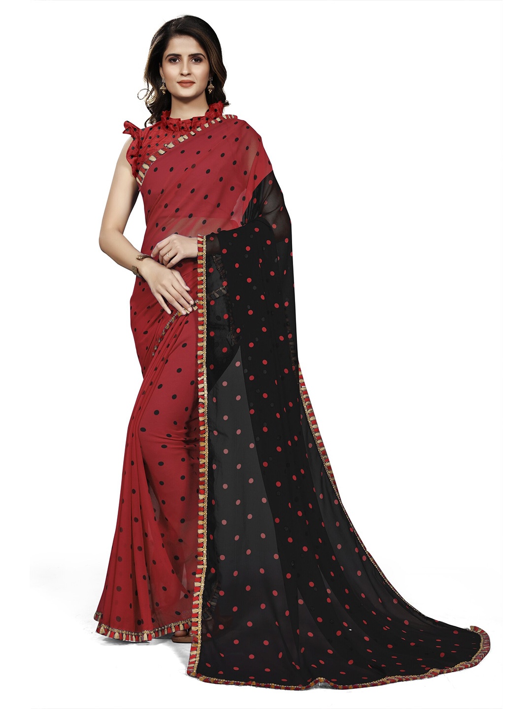 

MIRCHI FASHION Red & Black Polka Dots Printed Saree