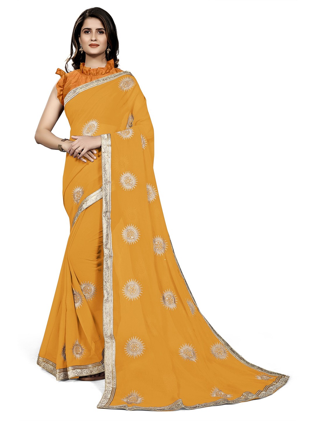 

KALINI Mustard & Gold-Tone Ethnic Motifs Embroidered Chiffon Saree