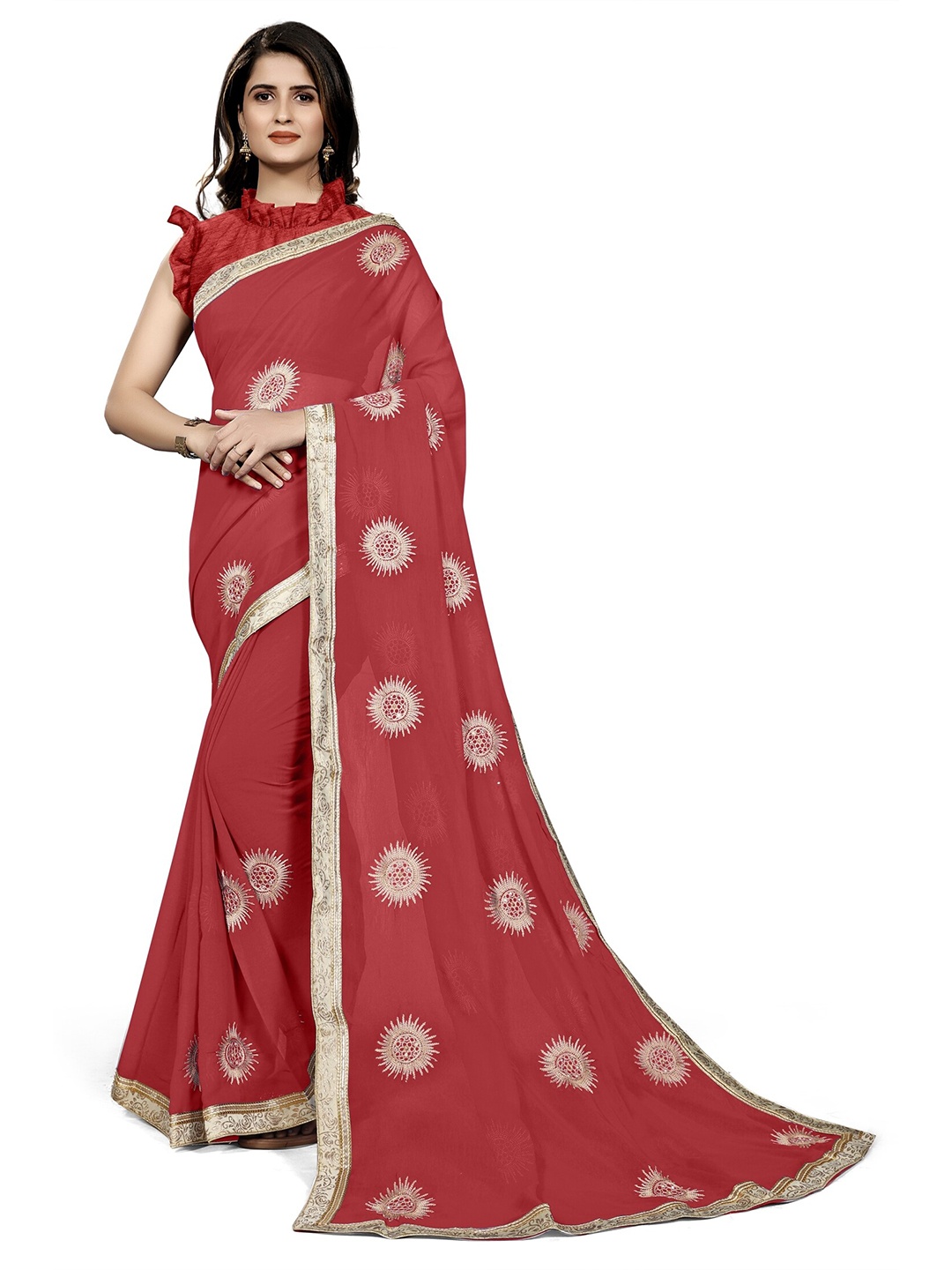 

KALINI Red & Gold-Tone Ethnic Motifs Embroidered Chiffon Saree