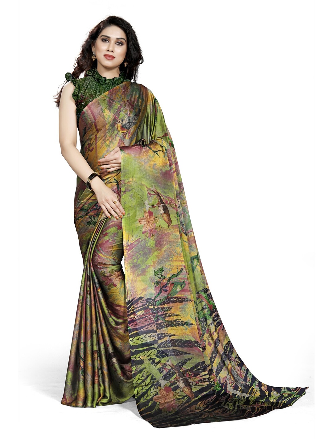 

KALINI Green & Pink Floral Printed Bagh Saree