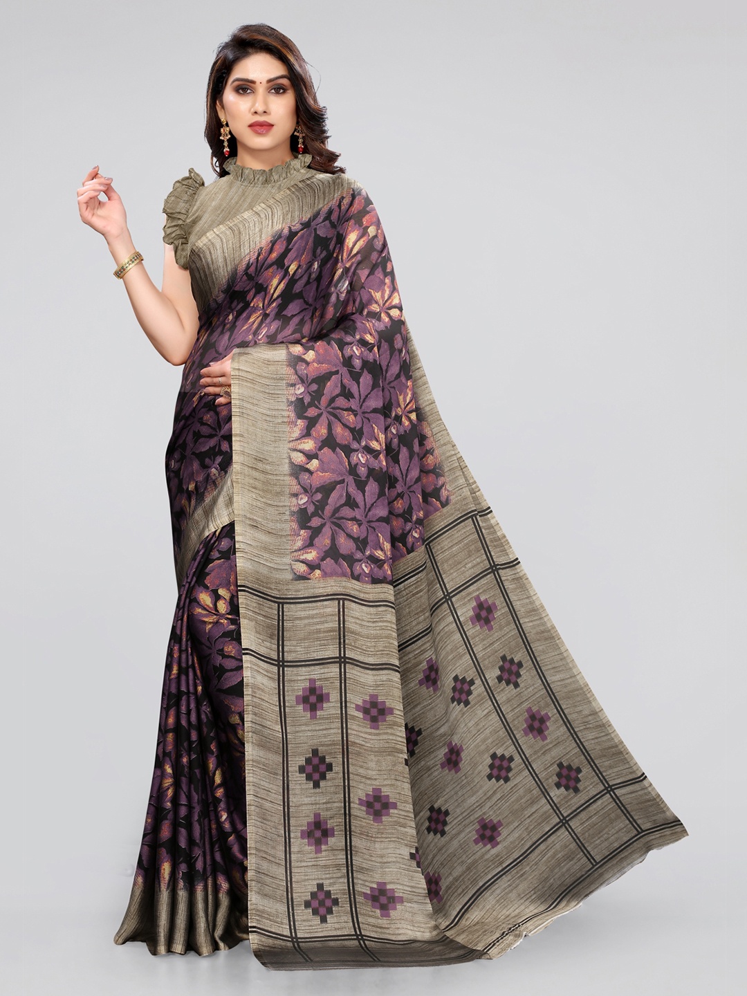 

KALINI Black & Purple Floral Printed Bagh Saree
