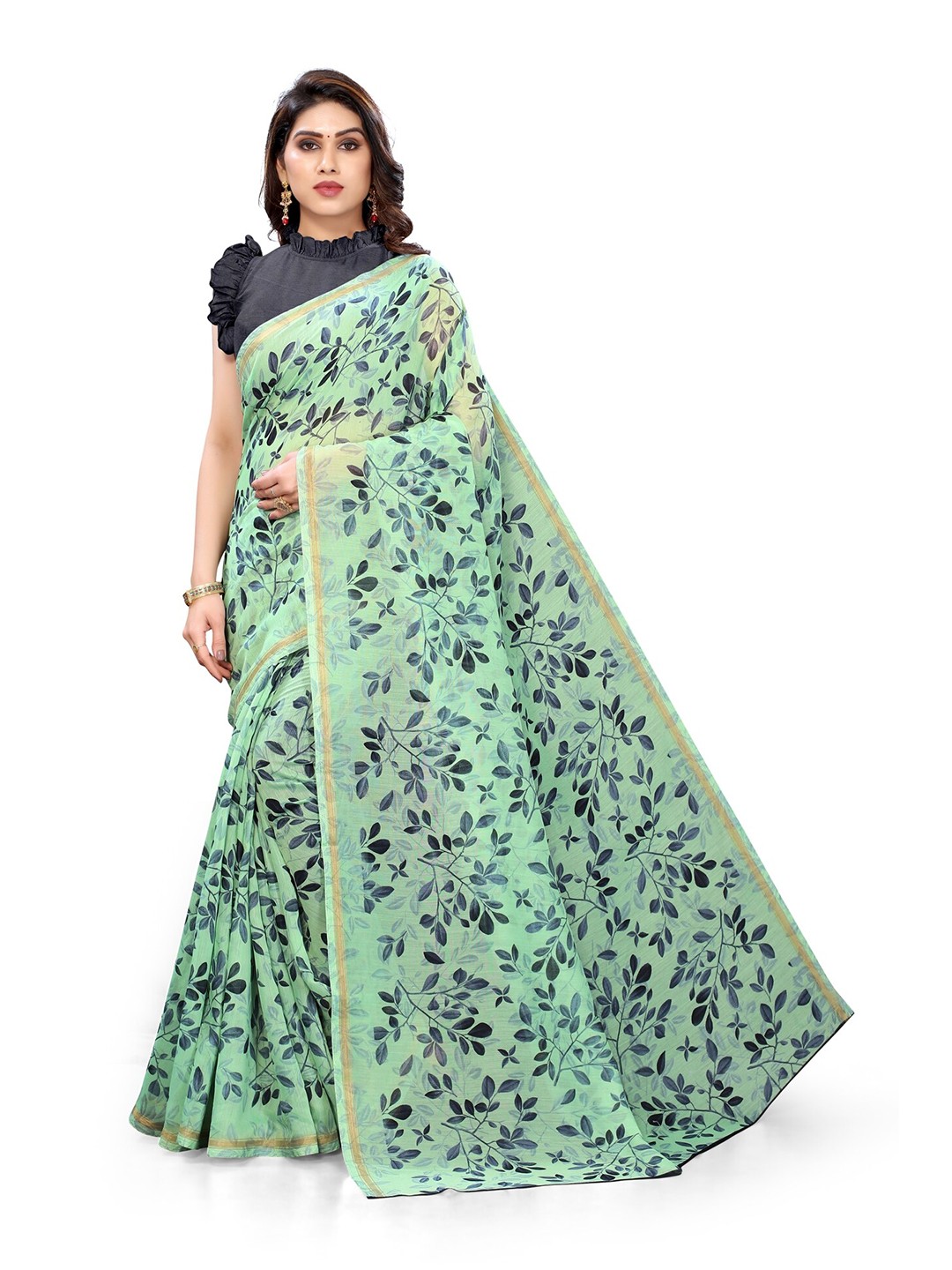 

KALINI Green & Grey Floral Printed Bagh Saree