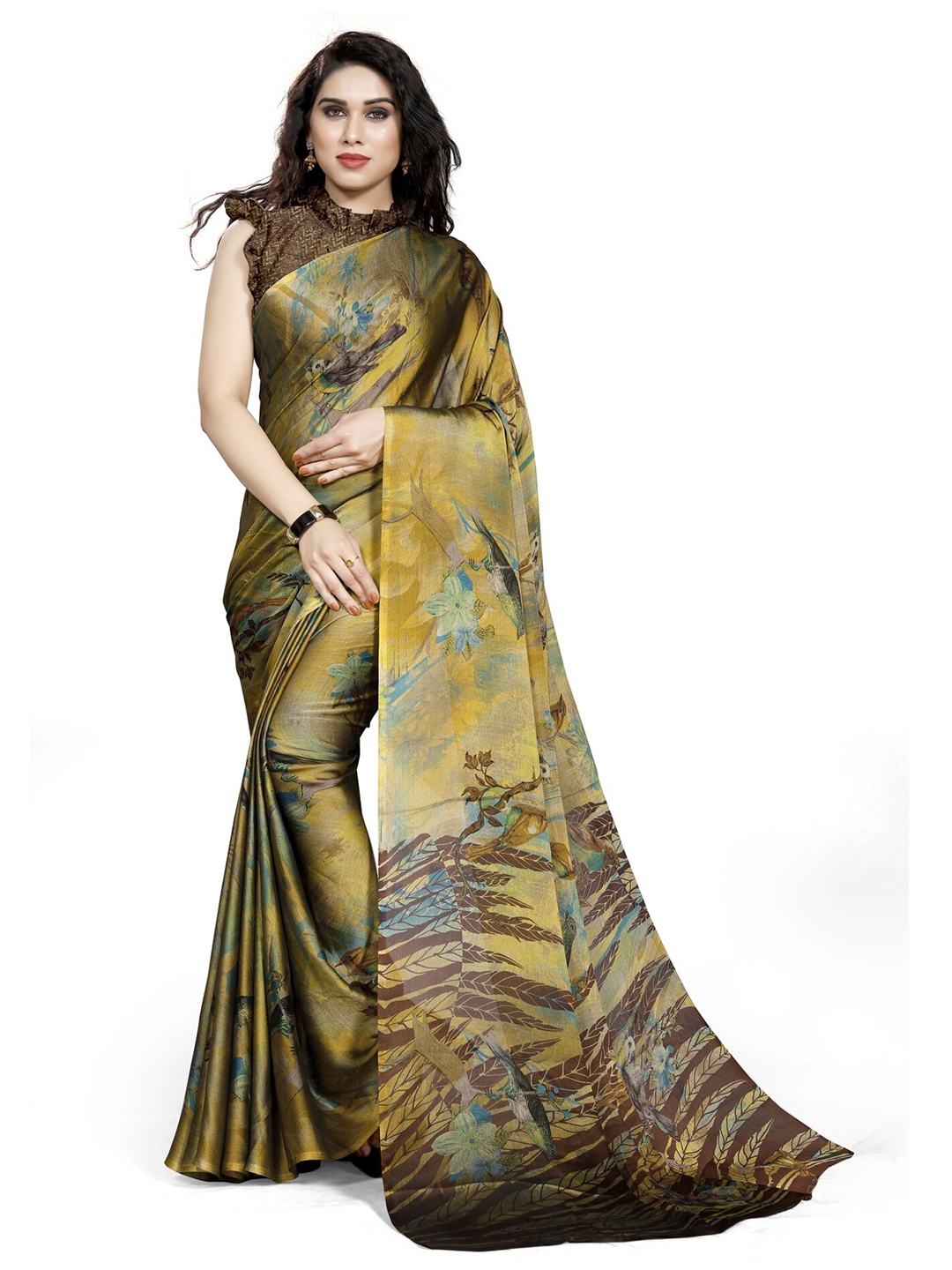 

KALINI Mustard Yellow & Brown Floral Printed Bagh Saree