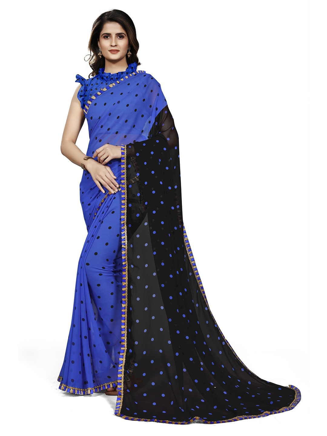 

Mirchi Fashion Blue & Black Polka Dots Printed Saree