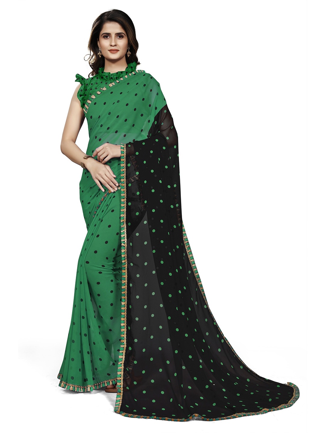 

Mirchi Fashion Green & Black Polka Dots Printed Saree
