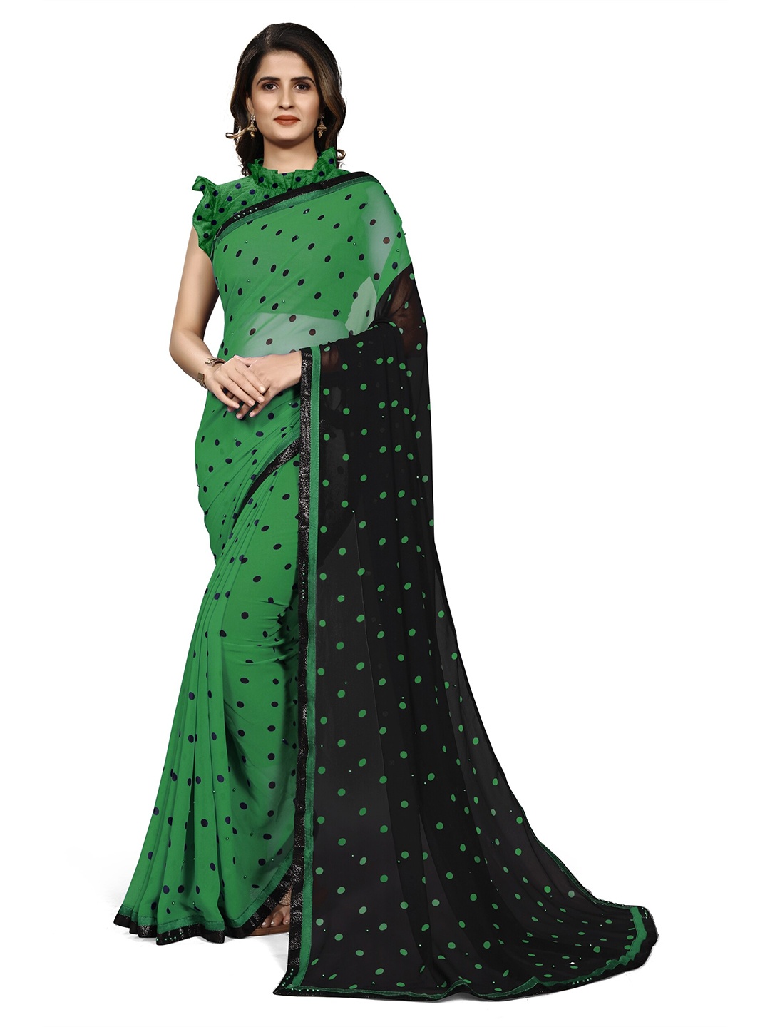 

Mirchi Fashion Green & Black Polka Dots Printed Saree