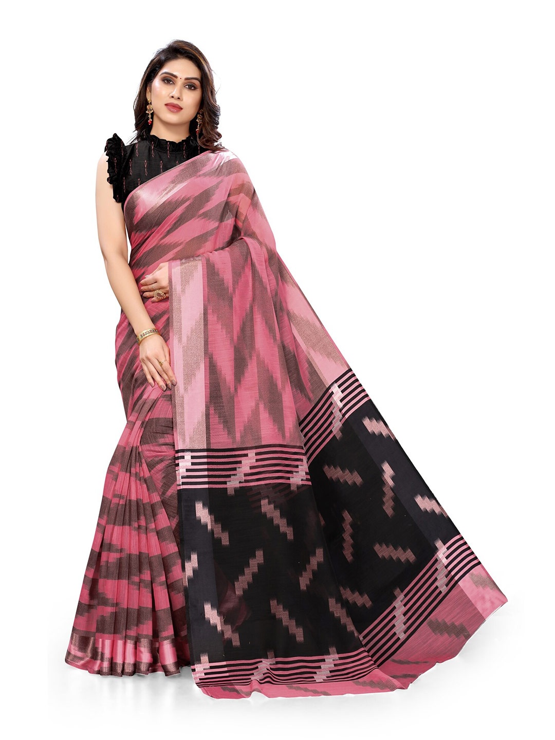 

KALINI Pink & Black Geometric Printed Saree