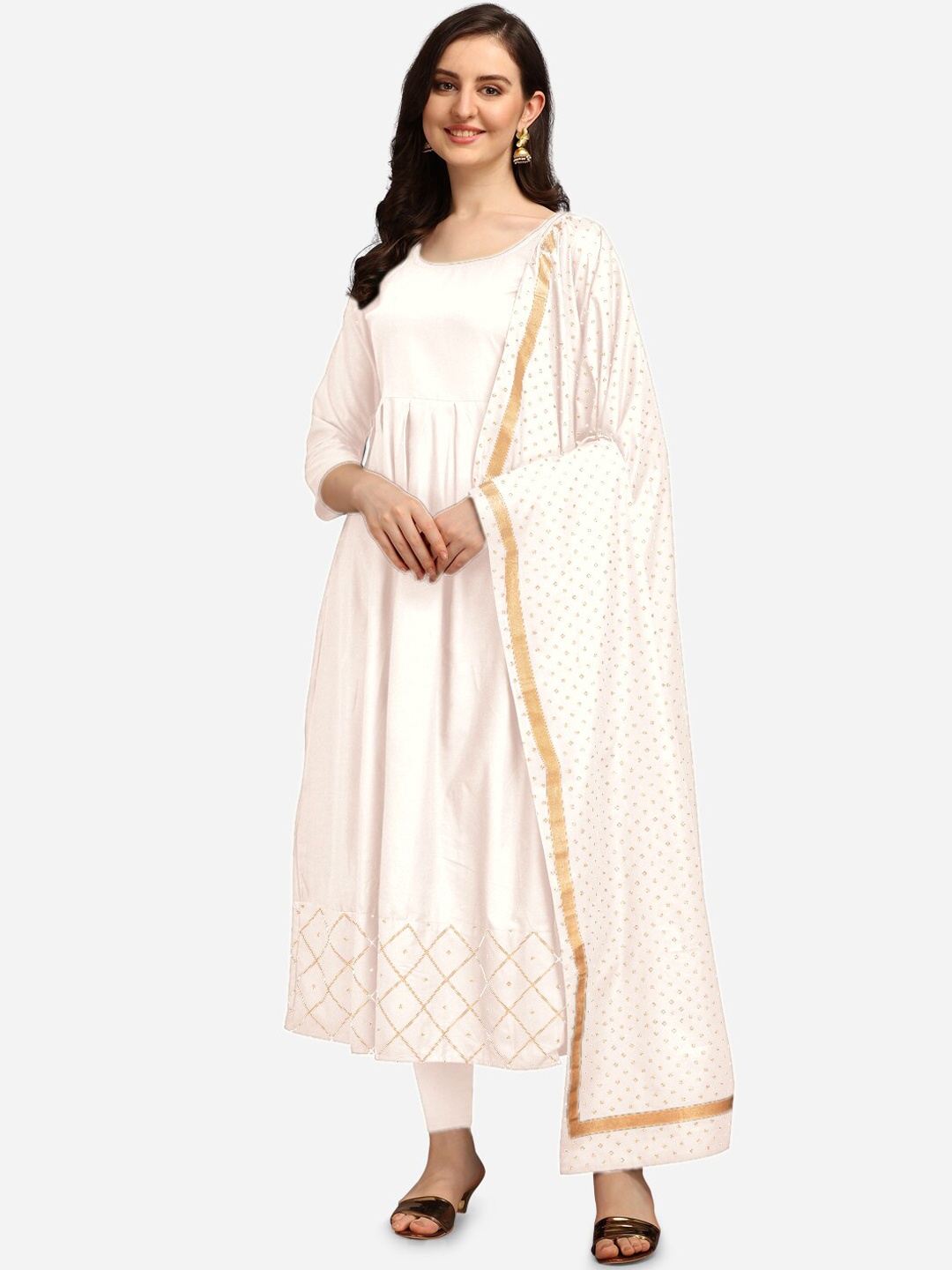 

Youthnic Women White Geometric Mirror Work Grandeur & Majestic Artwork Anarkali Kurta