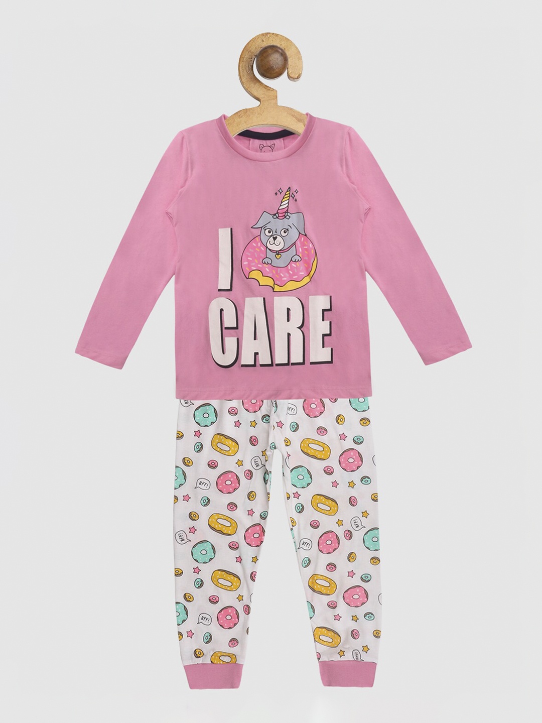 

Lazy Shark Girls Pink & White Printed Night suit