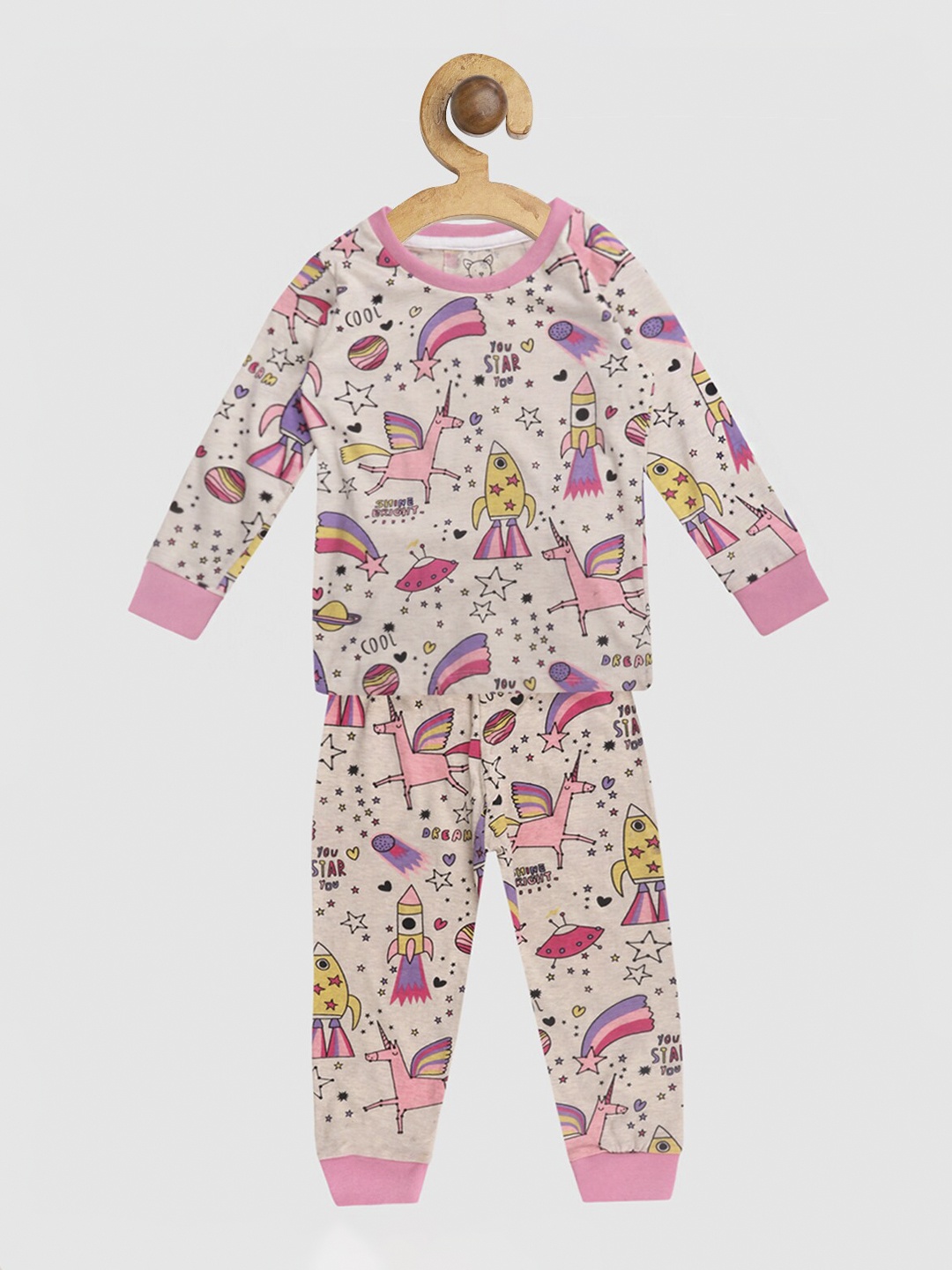 

Lazy Shark Girls Cream-Coloured & Purple Printed Night suit