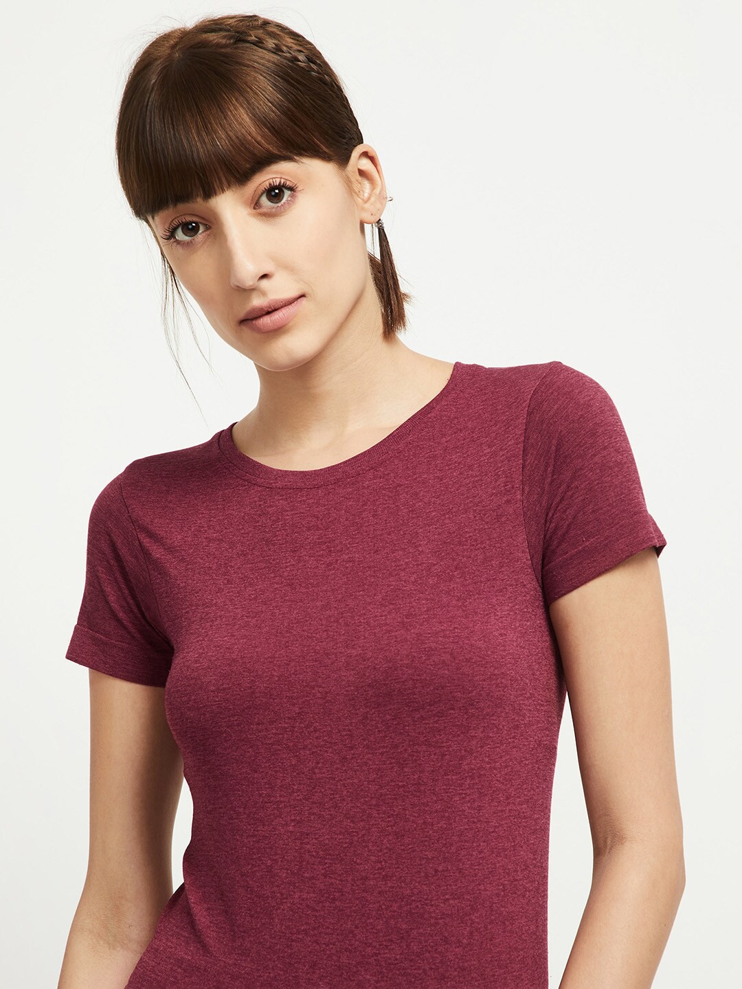 

max Women Purple High Neck Pockets T-shirt
