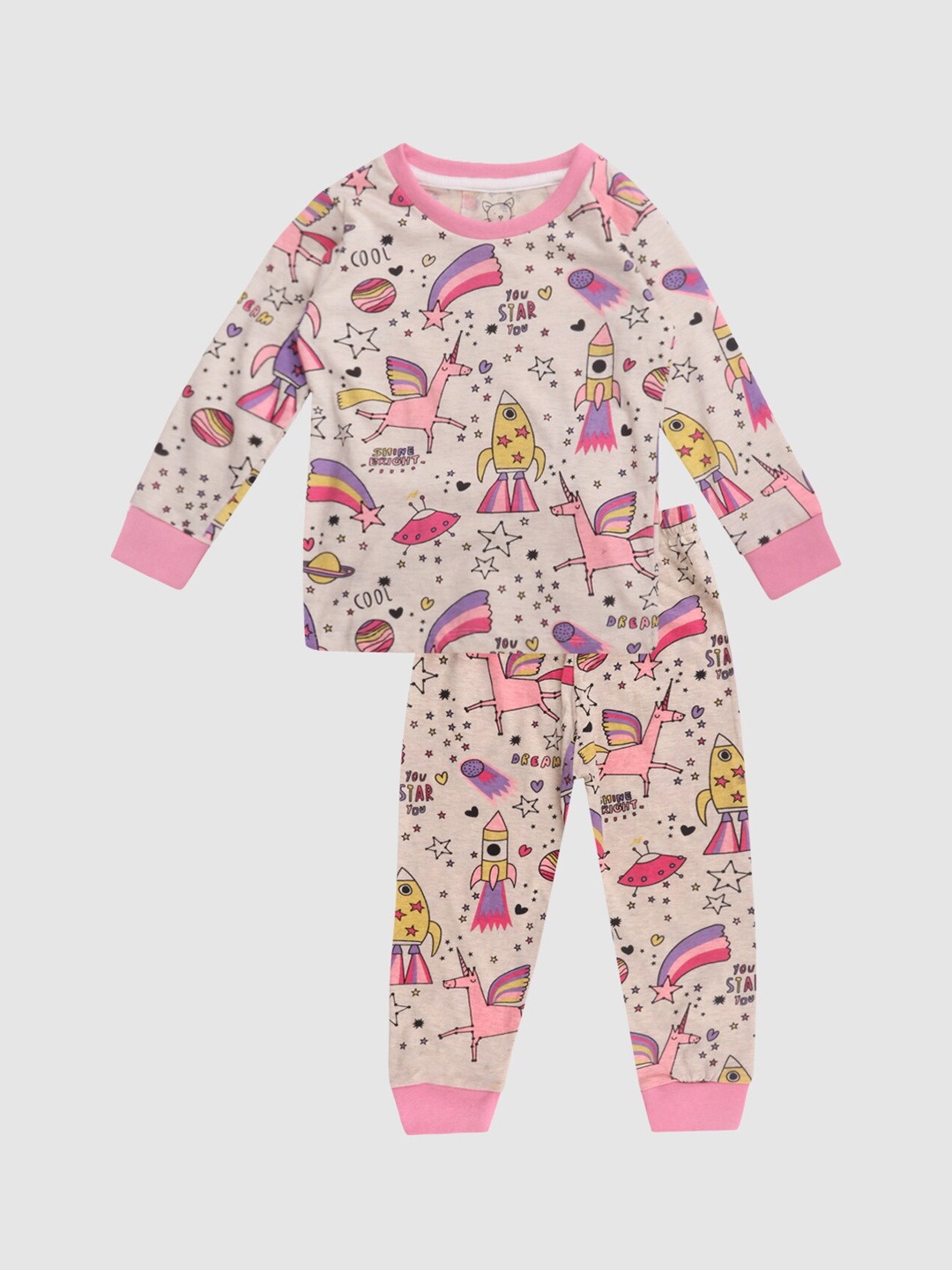 

Lazy Shark Girls Cream-Coloured & Rose Printed Night suit