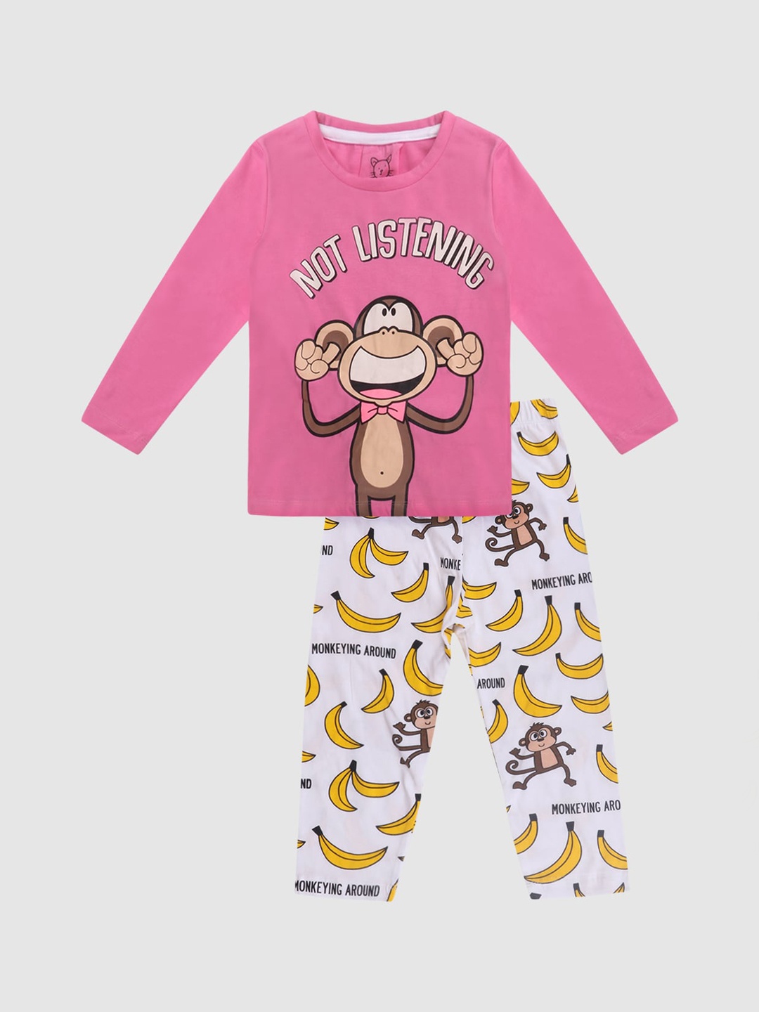 

Lazy Shark Girls Pink & White Printed Night suit