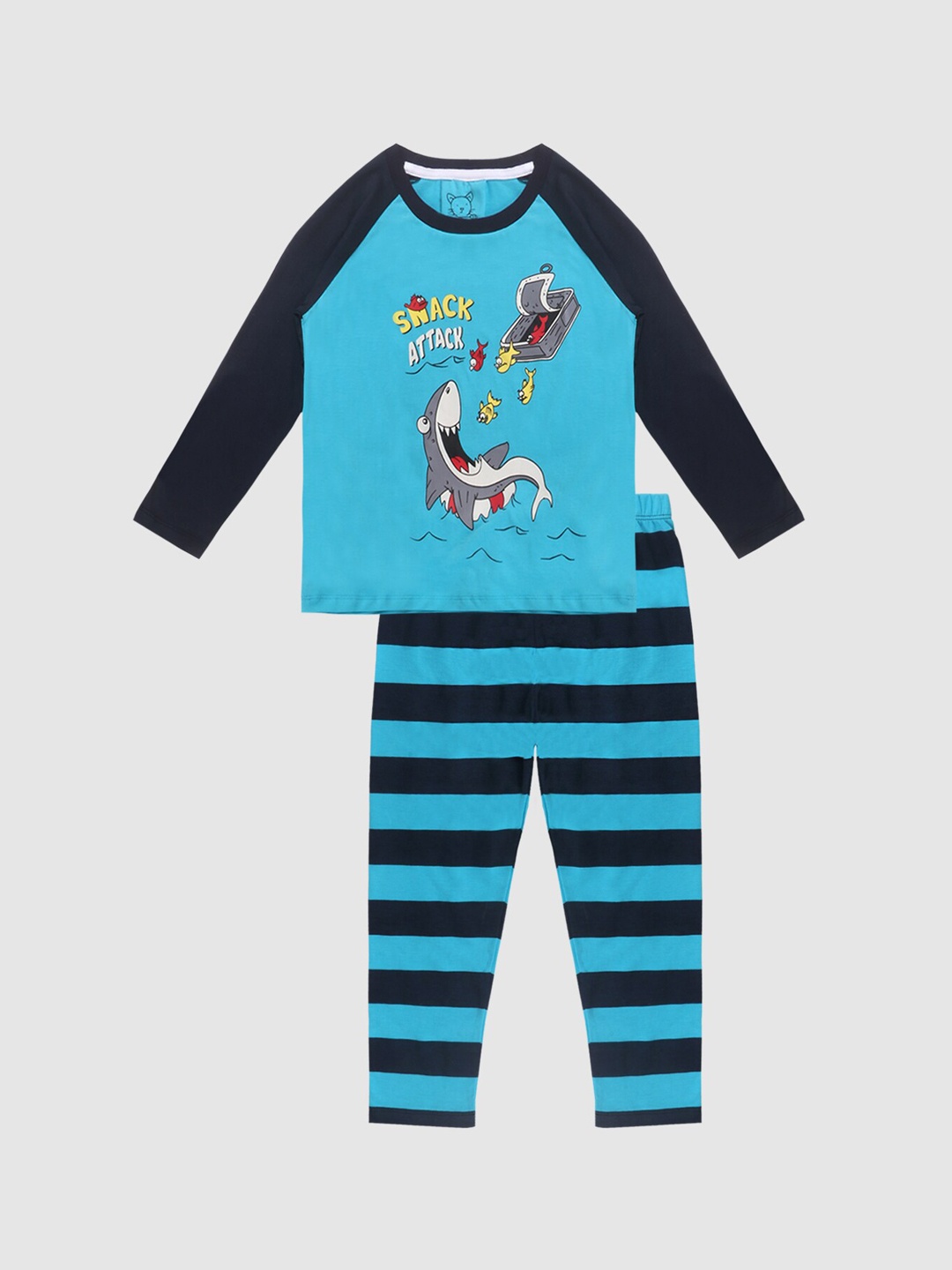 

Lazy Shark Boys Turquoise Blue & Black Graphic Printed Night Suit