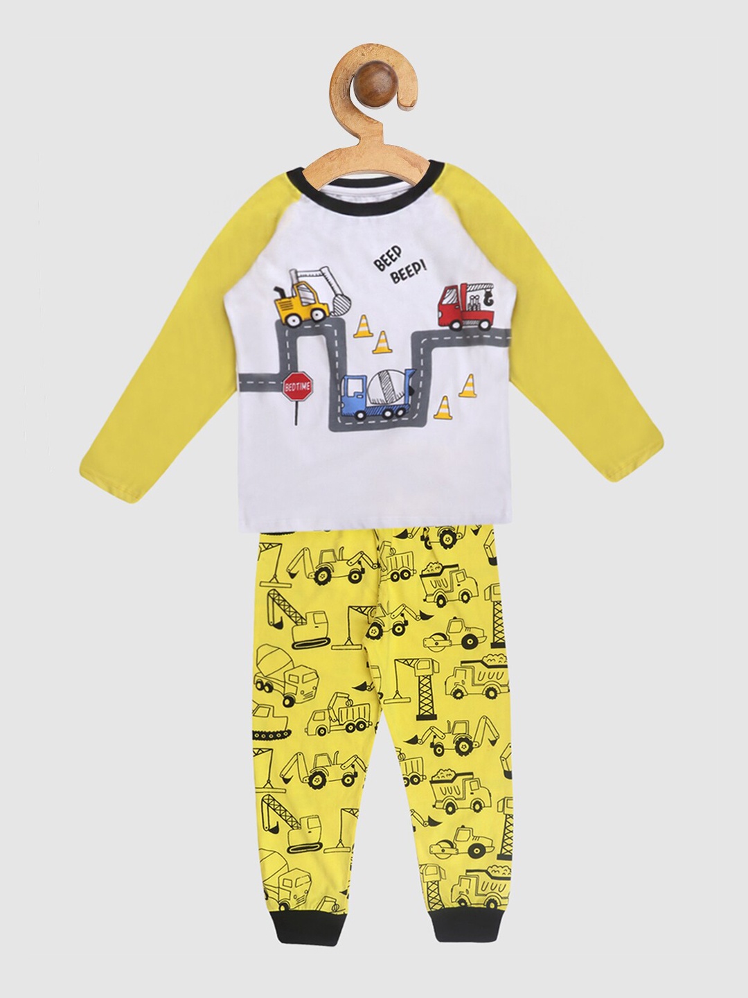 

Lazy Shark Boys White & Yellow Graphic Printed Night Suit