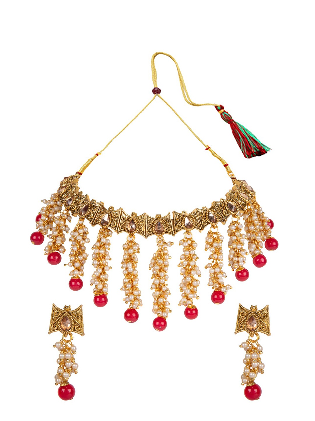 

ANIKAS CREATION Gold-Plated Red & White Stone-Studded & Beaded Jewellery Set