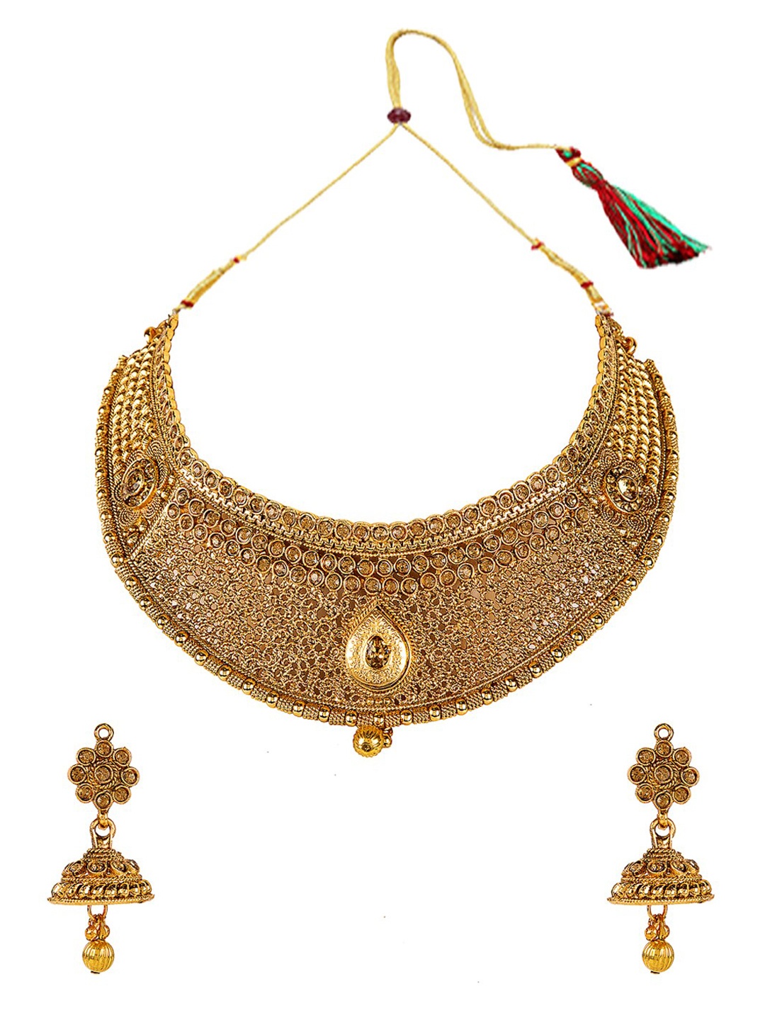 

ANIKAS CREATION Gold-Plated Brown Stone-Studded & Beaded Jewellery Set
