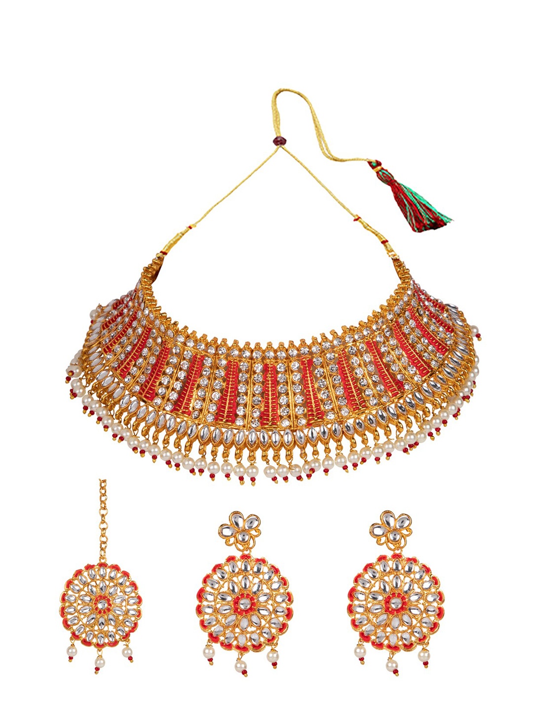 

ANIKAS CREATION Red-Toned & Gold-Plated Stone-Studded Necklace Earrings & Maang Tikka