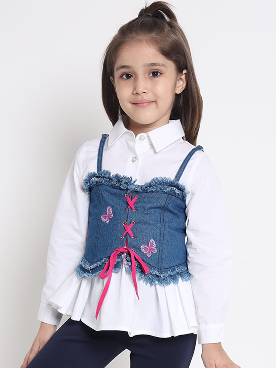 

Nauti Nati Girls Cotton White & Blue Casual Shirt