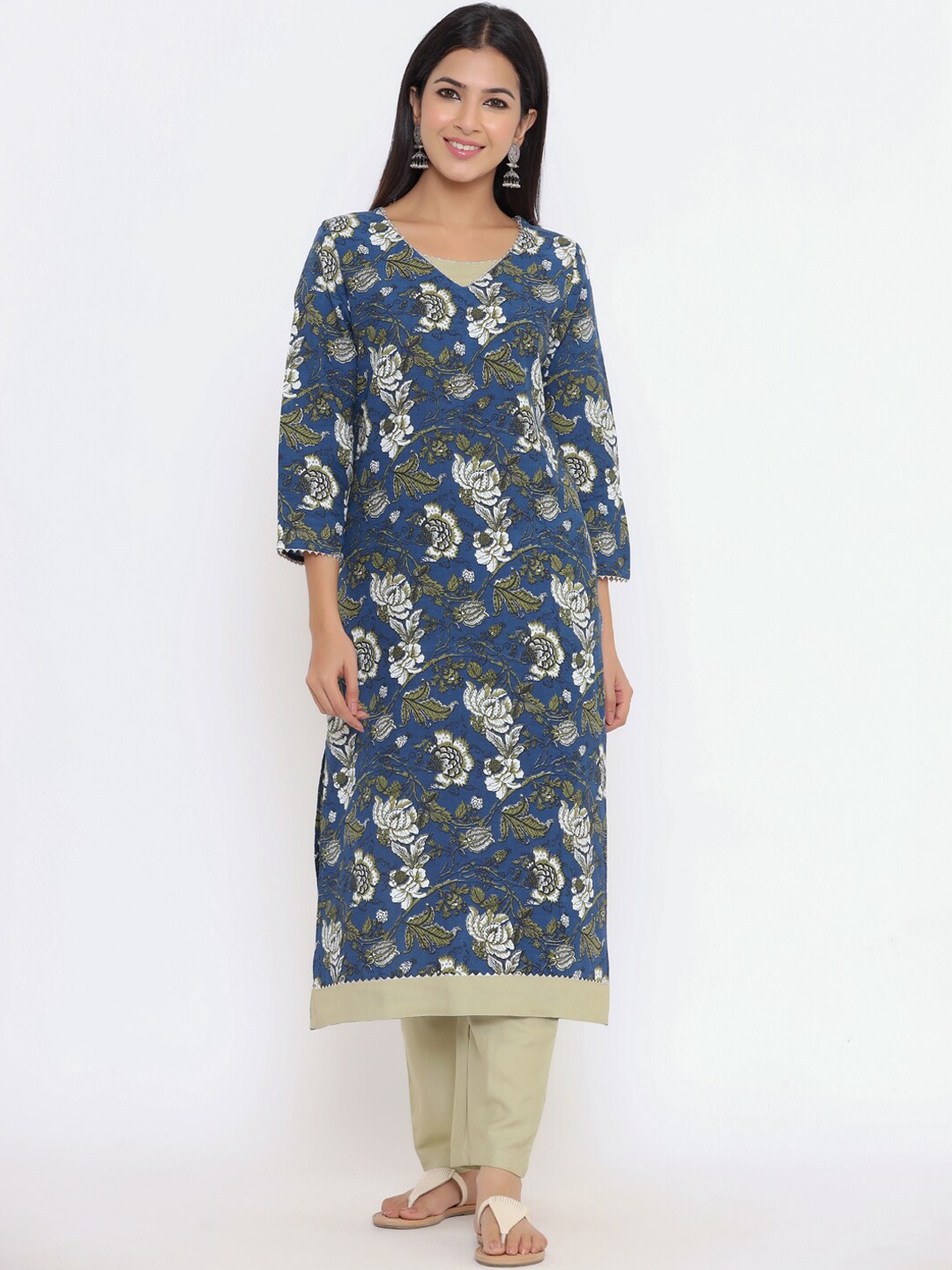 

Indian Virasat Women Blue & Beige Floral Printed Regular Kurta with Trousers