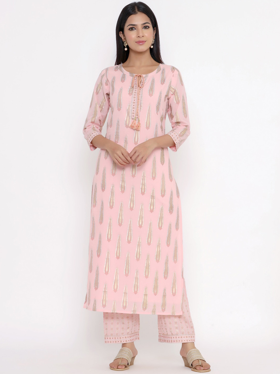 

Indian Virasat Women Pink & Gold-Coloured Ethnic Printed Pure Cotton Kurta with Palazzos