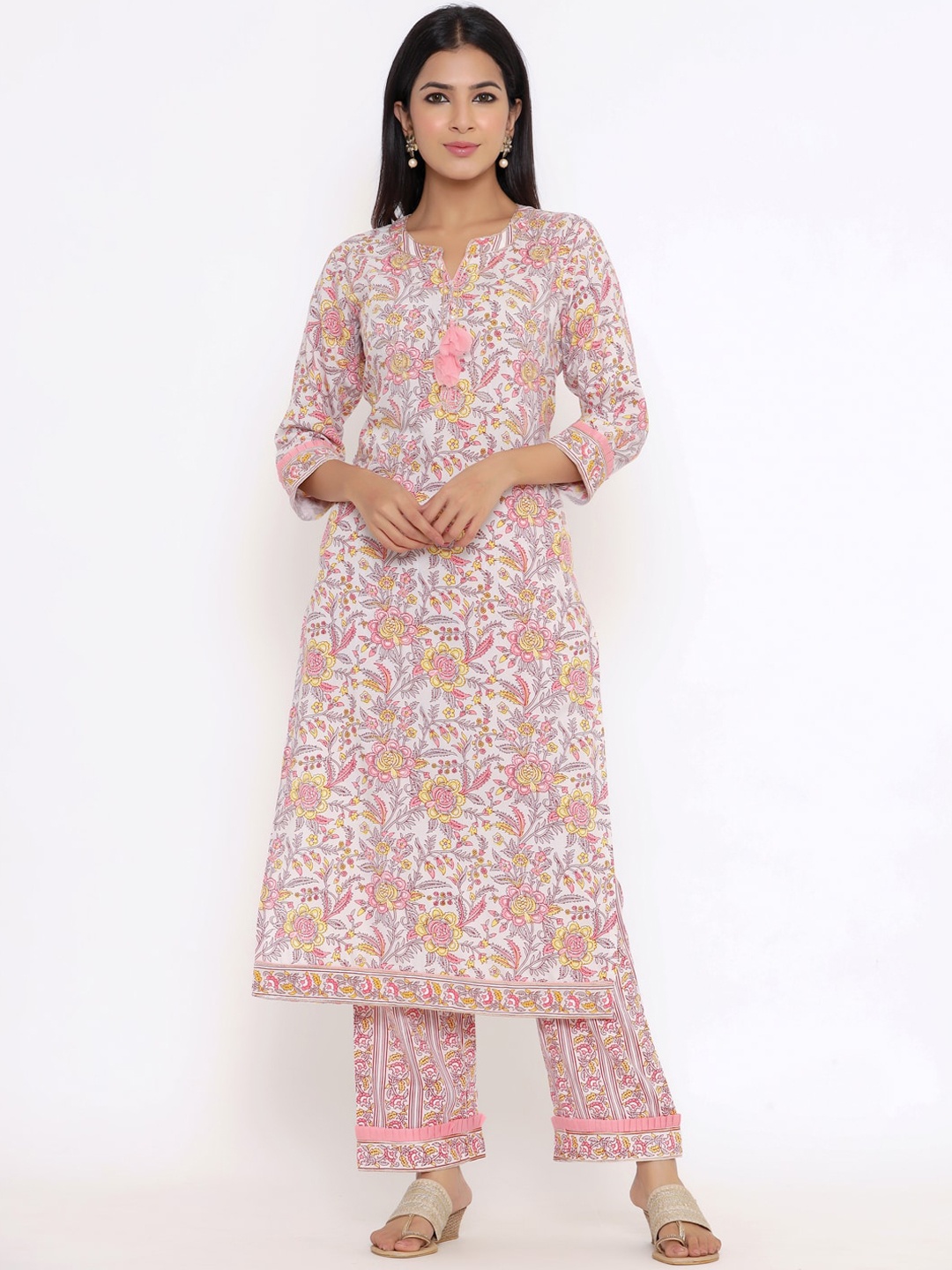 

Indian Virasat Women White & Pink Floral Printed Regular Kurta with Palazzos