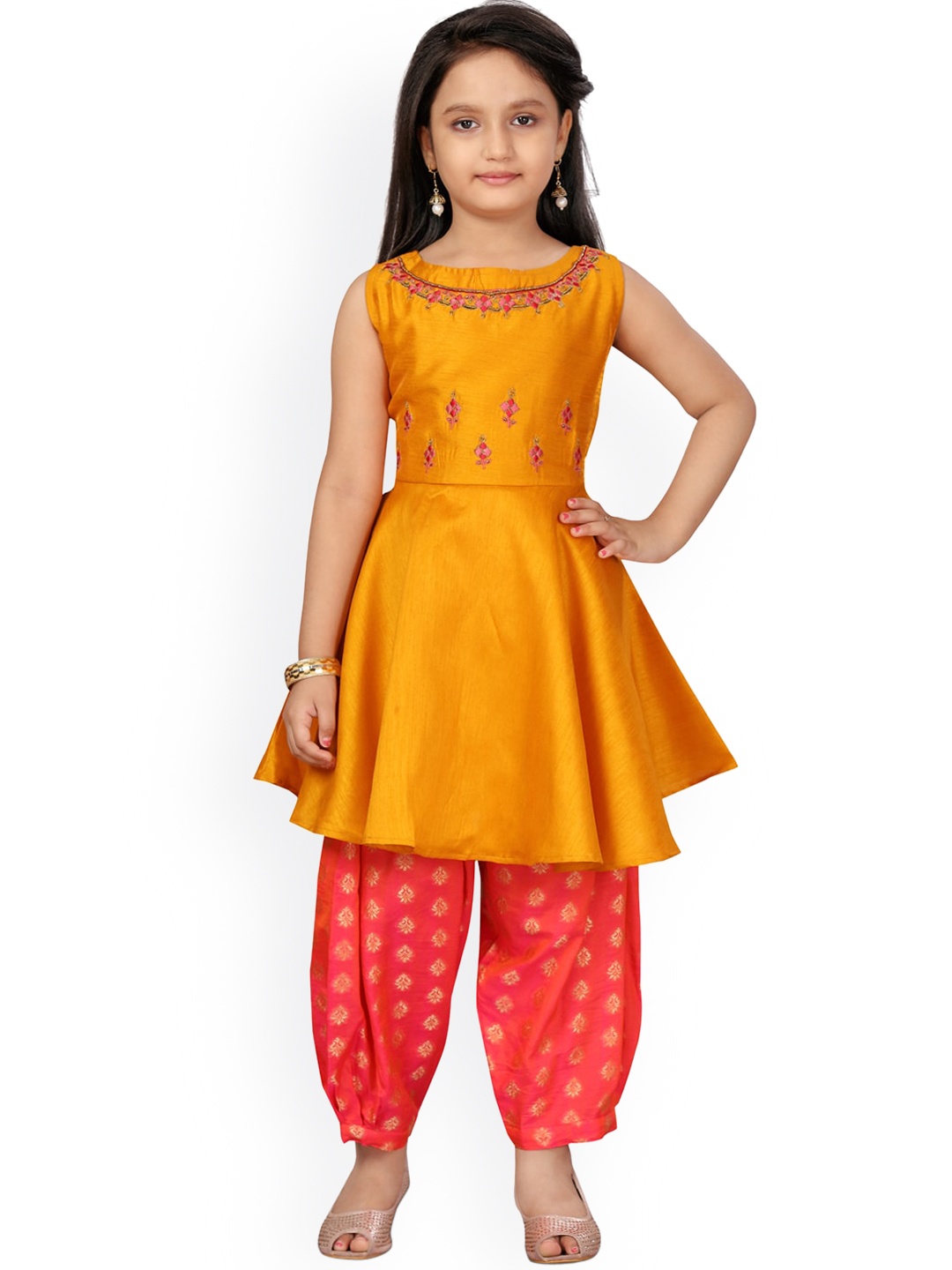 

Aarika Girls Yellow Embroidered Pleated Pure Silk Kurti with Patiala