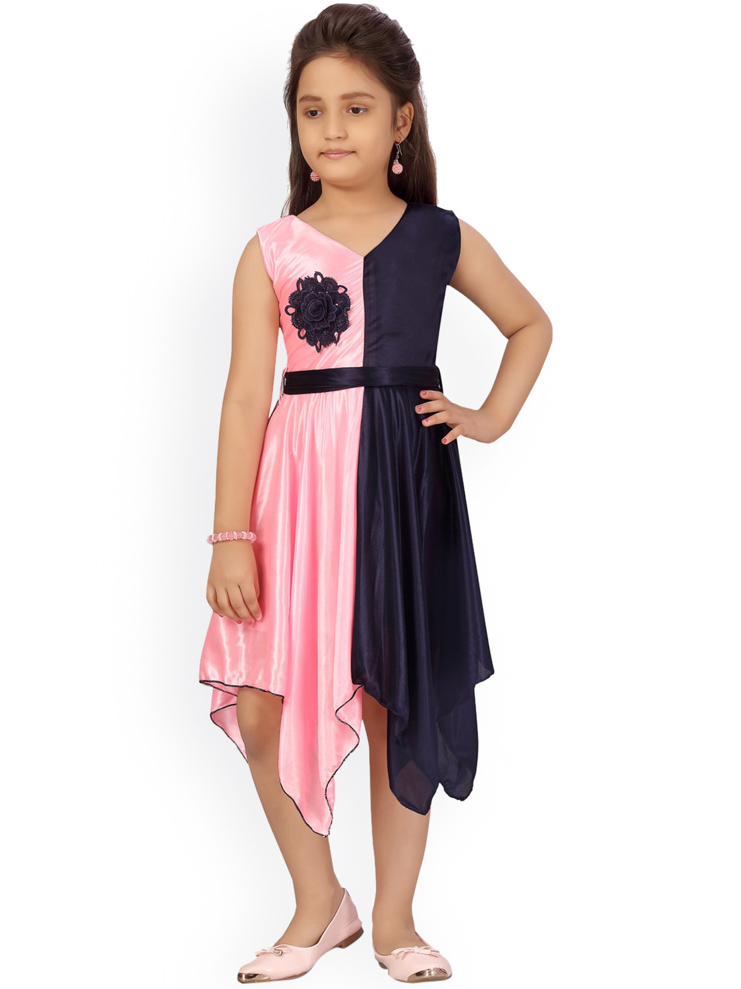 

Aarika Pink & Black Colourblocked Dress with Satin Belt