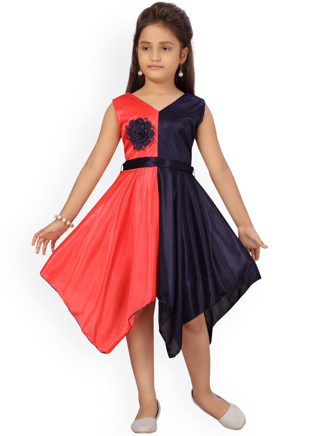 

Aarika Girls Red & Navy Blue Colourblocked Belted Midi Dress