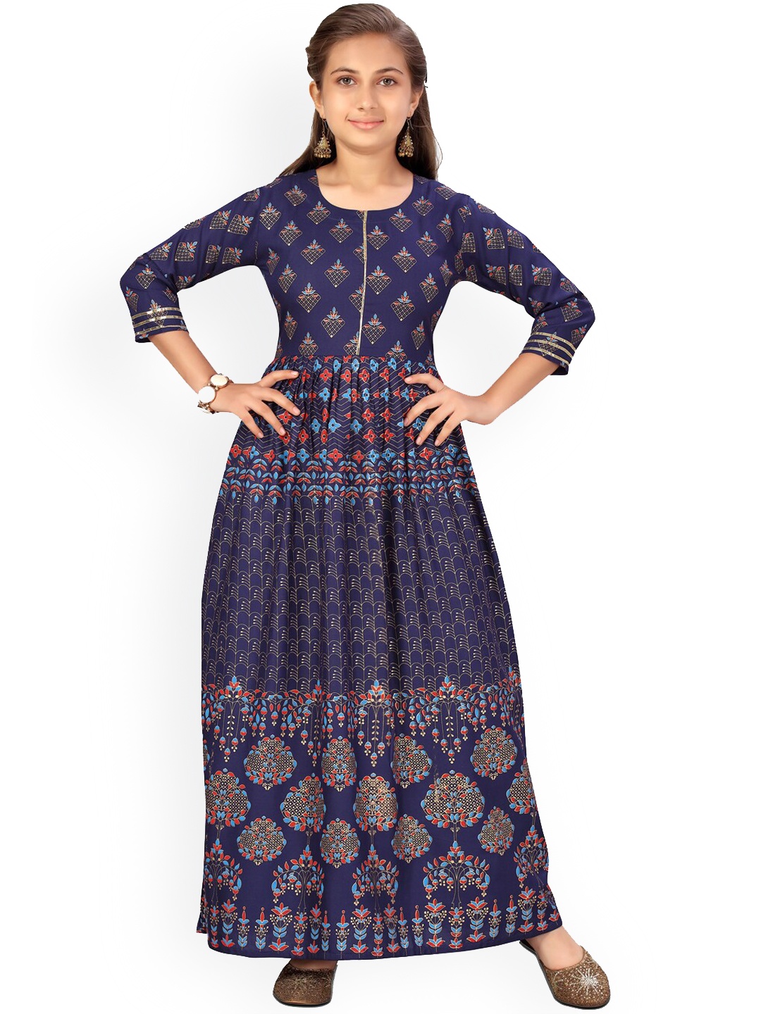 

Aarika Girls Navy Blue Ethnic Motifs Printed Maxi Dress