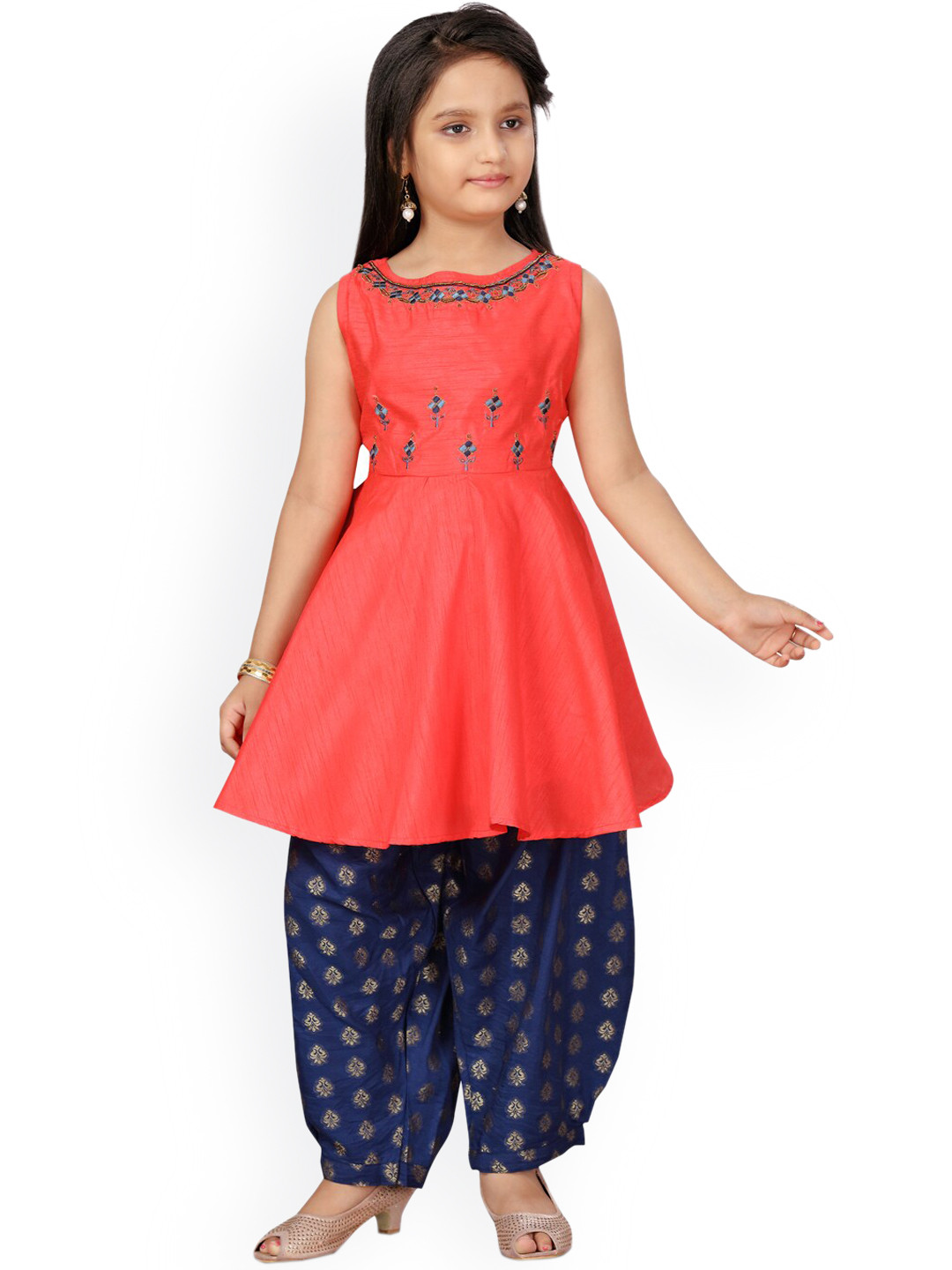 

Aarika Girls Red Ethnic Motifs Embroidered Pleated Pure Silk Kurti with Dhoti Pants