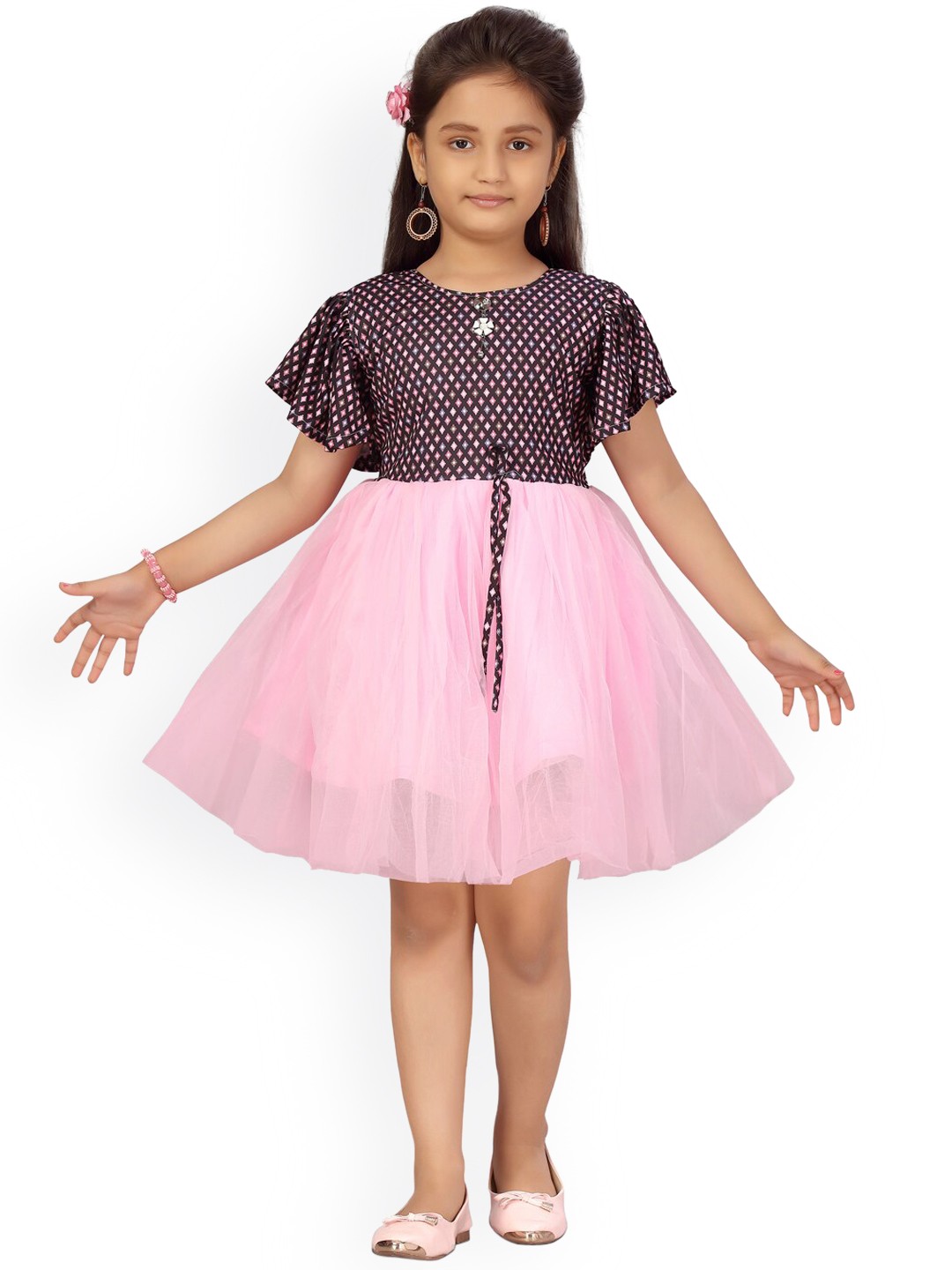 

Aarika Girls Pink & Black Colourblocked Net Dress