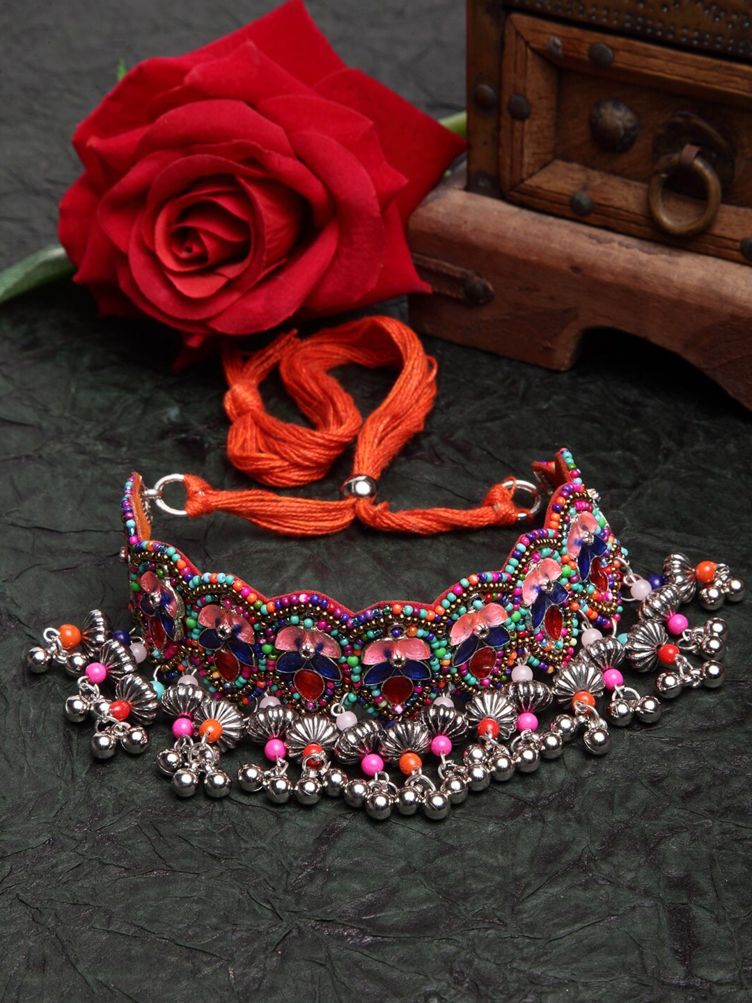 

Moedbuille Women Red & Blue Beaded Oxidised Afghan Tasselled Choker Necklace