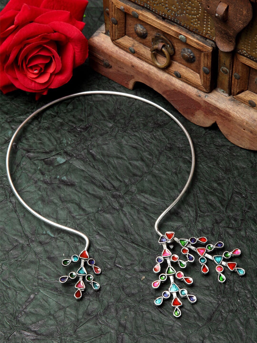 

Moedbuille Silver-Toned & Pink Brass Silver-Plated Meenakari Necklace