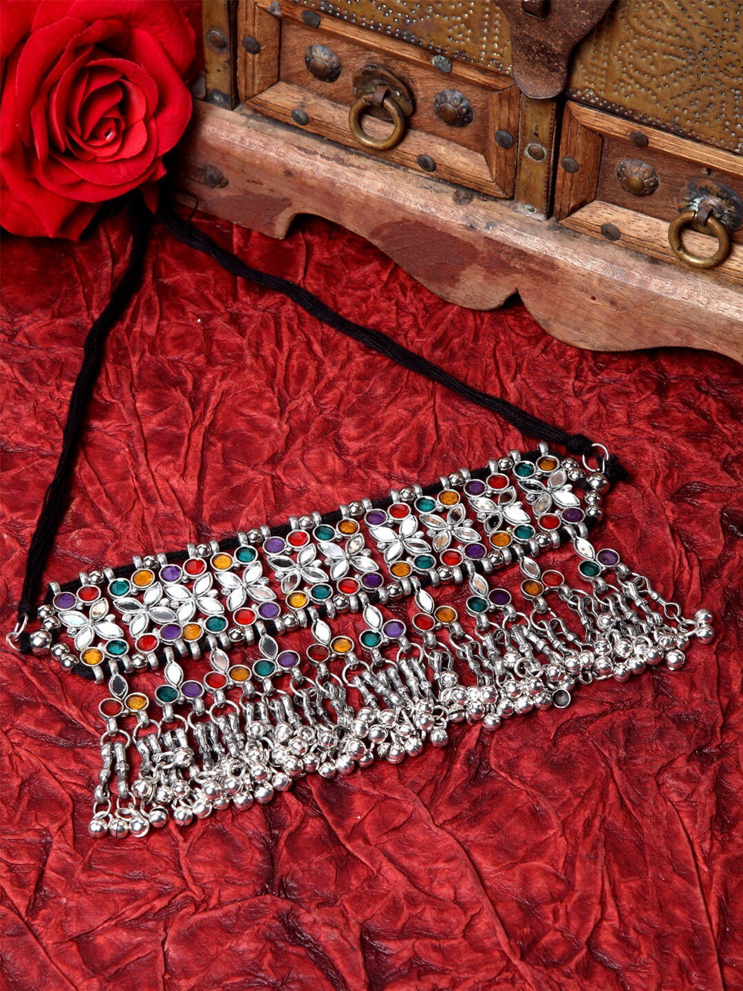 

Moedbuille Women Multicoloured Silver-Plated Mirror Studded Tassel Afghan Choker Necklace, Multi