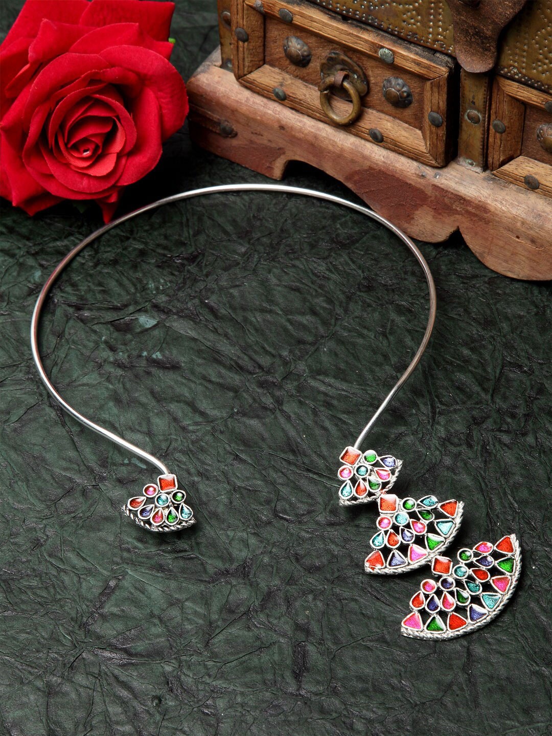 

Moedbuille Silver-Toned & Red Brass Silver-Plated Meenakari Necklace