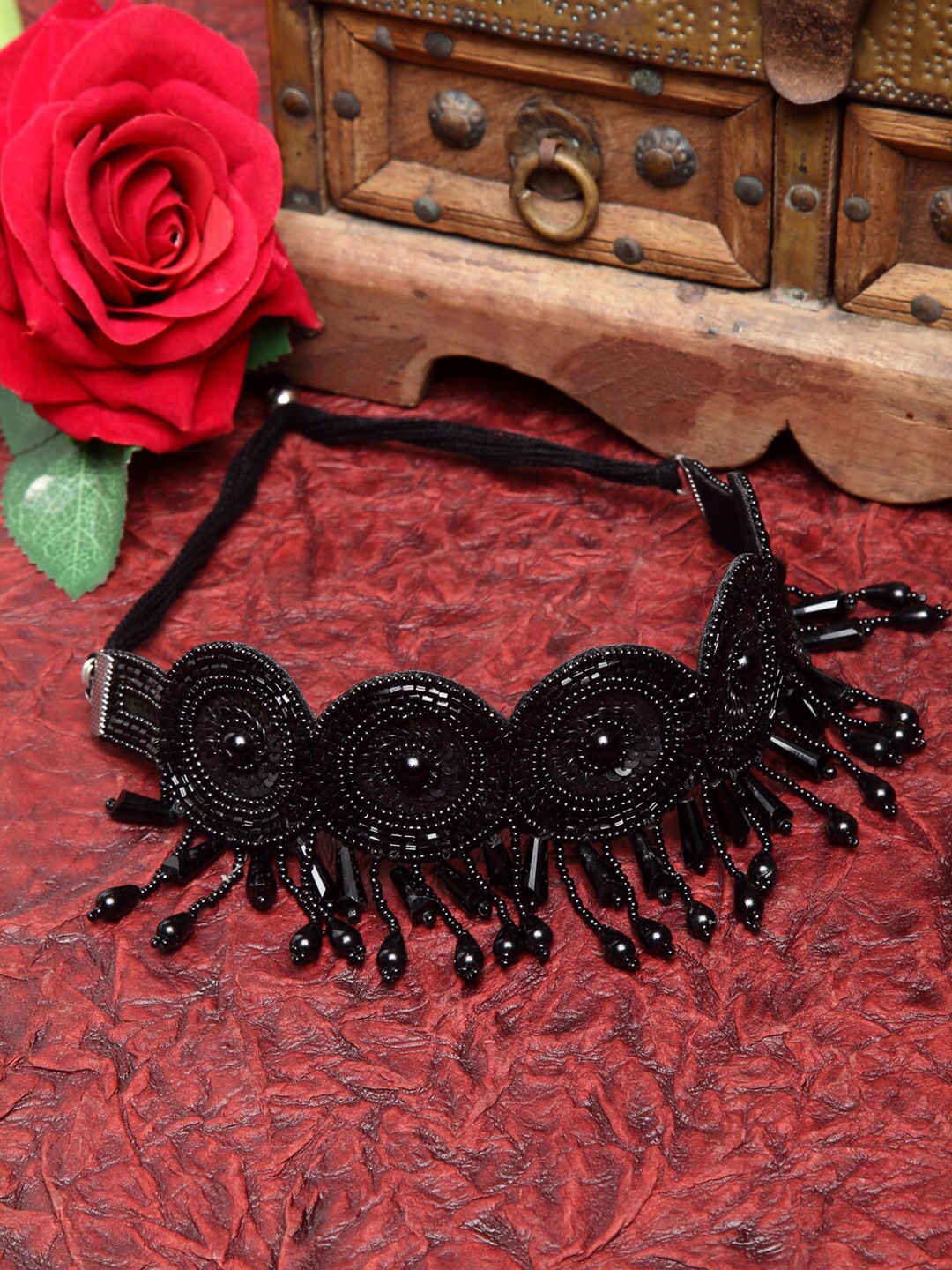 

Moedbuille Women Black Beads and Sequins Afghan Contemporary Design Tasselled Choker