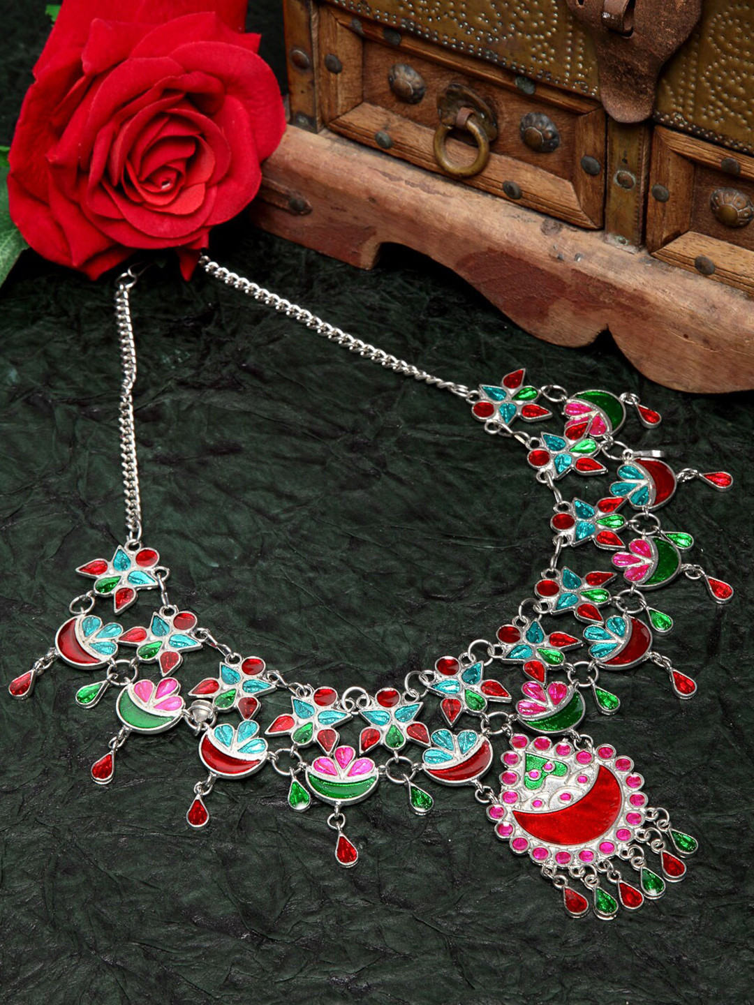

Moedbuille Silver-Plated & Red Brass Meenakari Necklace