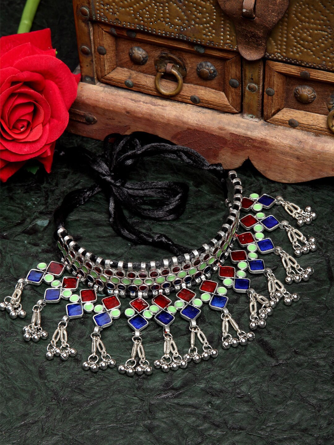 

Moedbuille Silver-Toned & Blue Brass Silver-Plated Meenakari Necklace