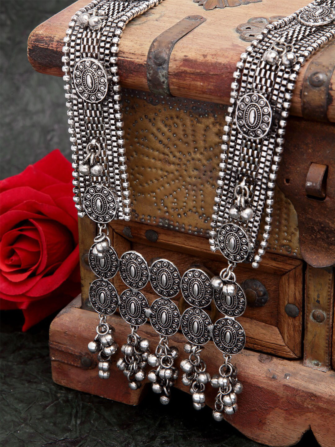 

Moedbuille Women Silver Oxidised Filigree Work Tasseled Necklace