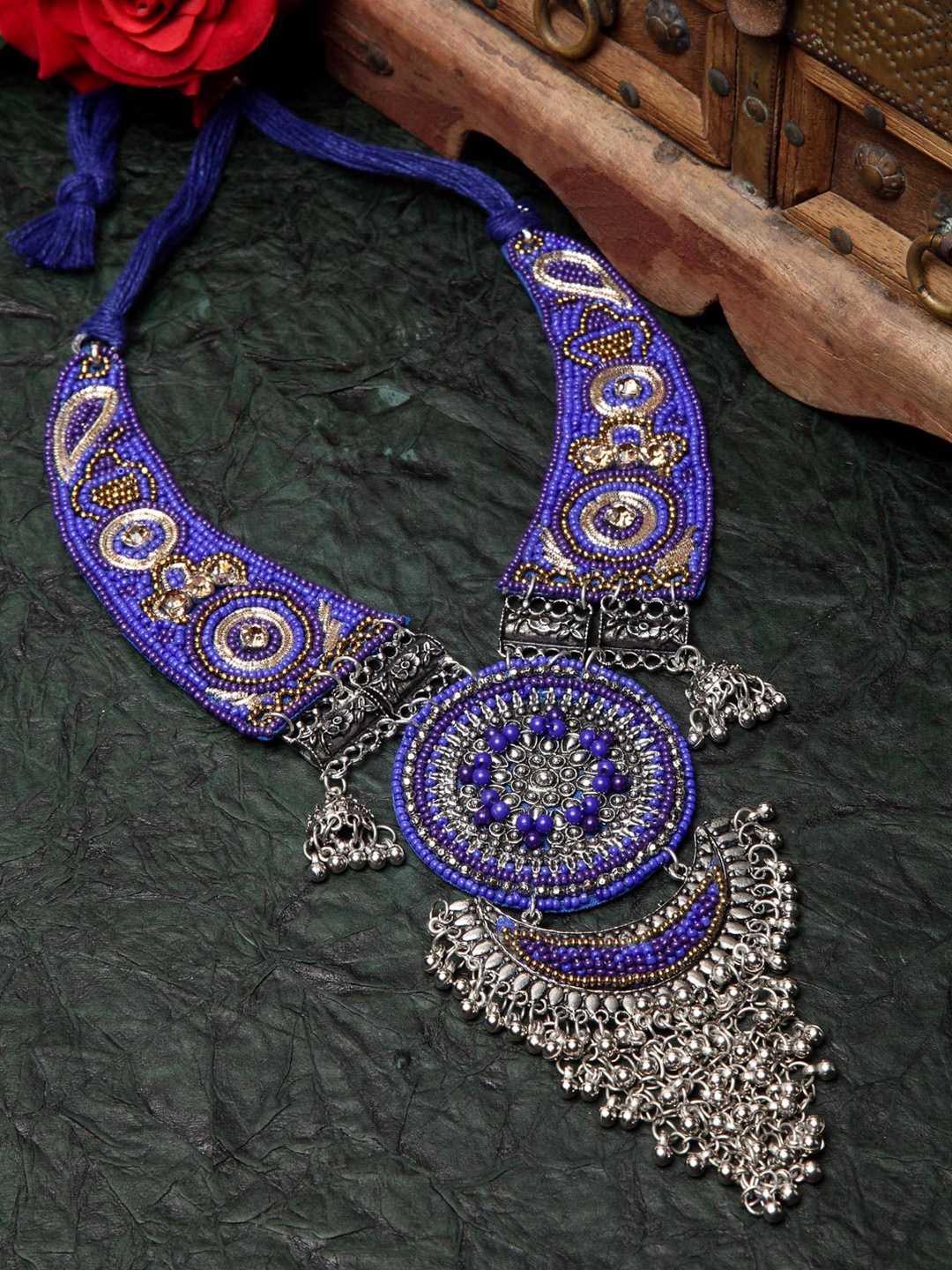 

Moedbuille Women Blue Oxidised Afghan Tasseled Filigree Work Necklace
