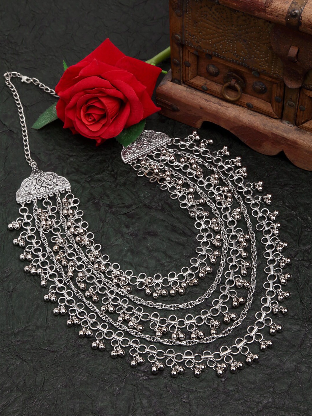

Moedbuille Women Silver-Toned & Plated Beads Studded Filigree Oxidised Layered Necklace
