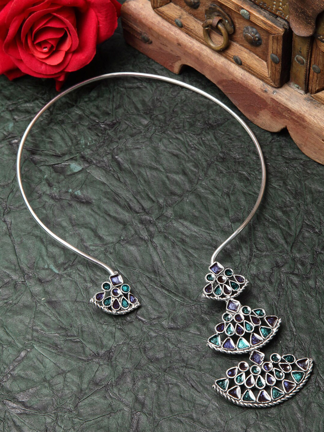 

Moedbuille Silver-Toned & Green Brass Silver-Plated Afghan Meenakari Necklace