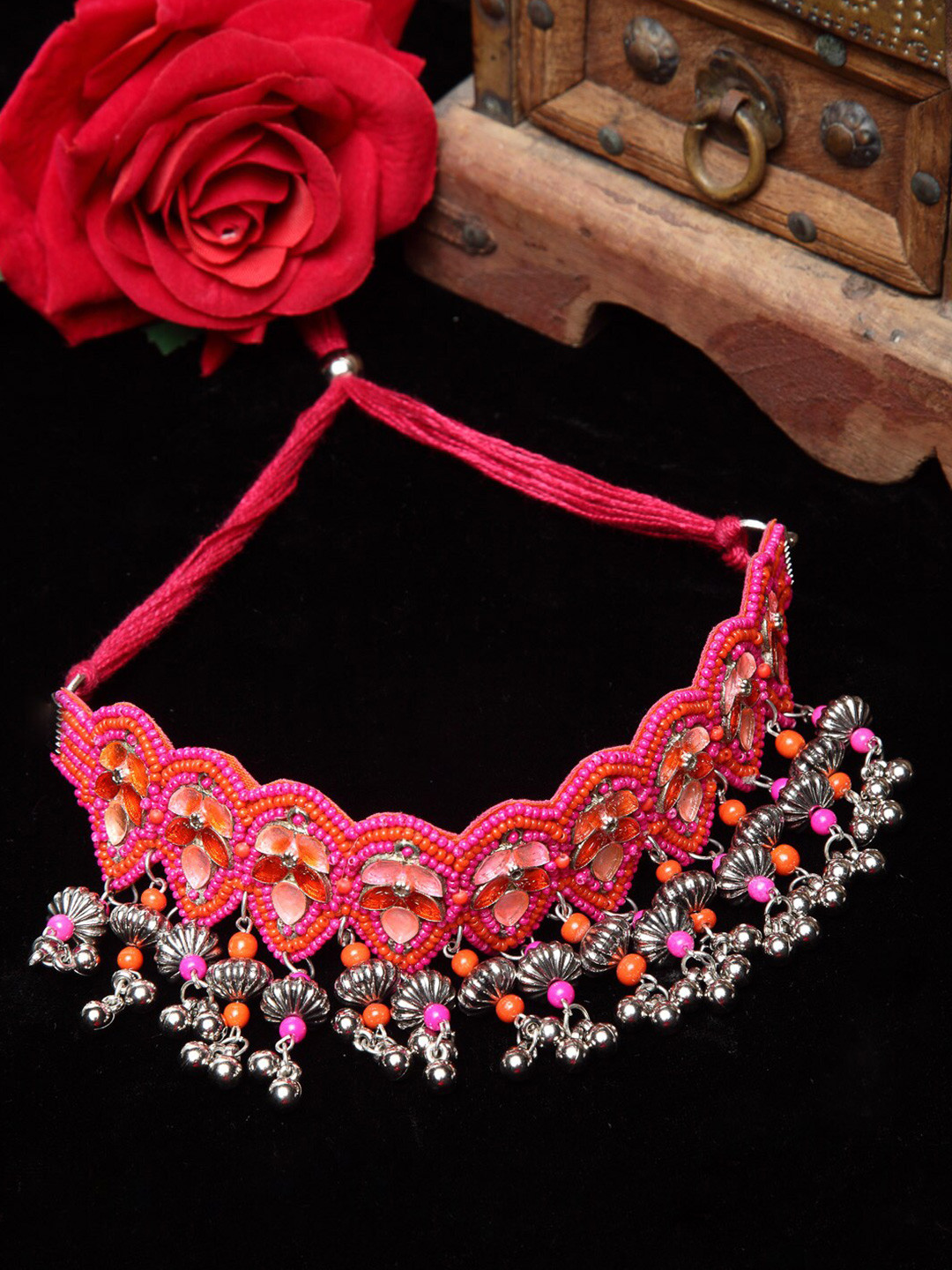 

Moedbuille Pink & Orange Brass Silver-Plated Choker Necklace