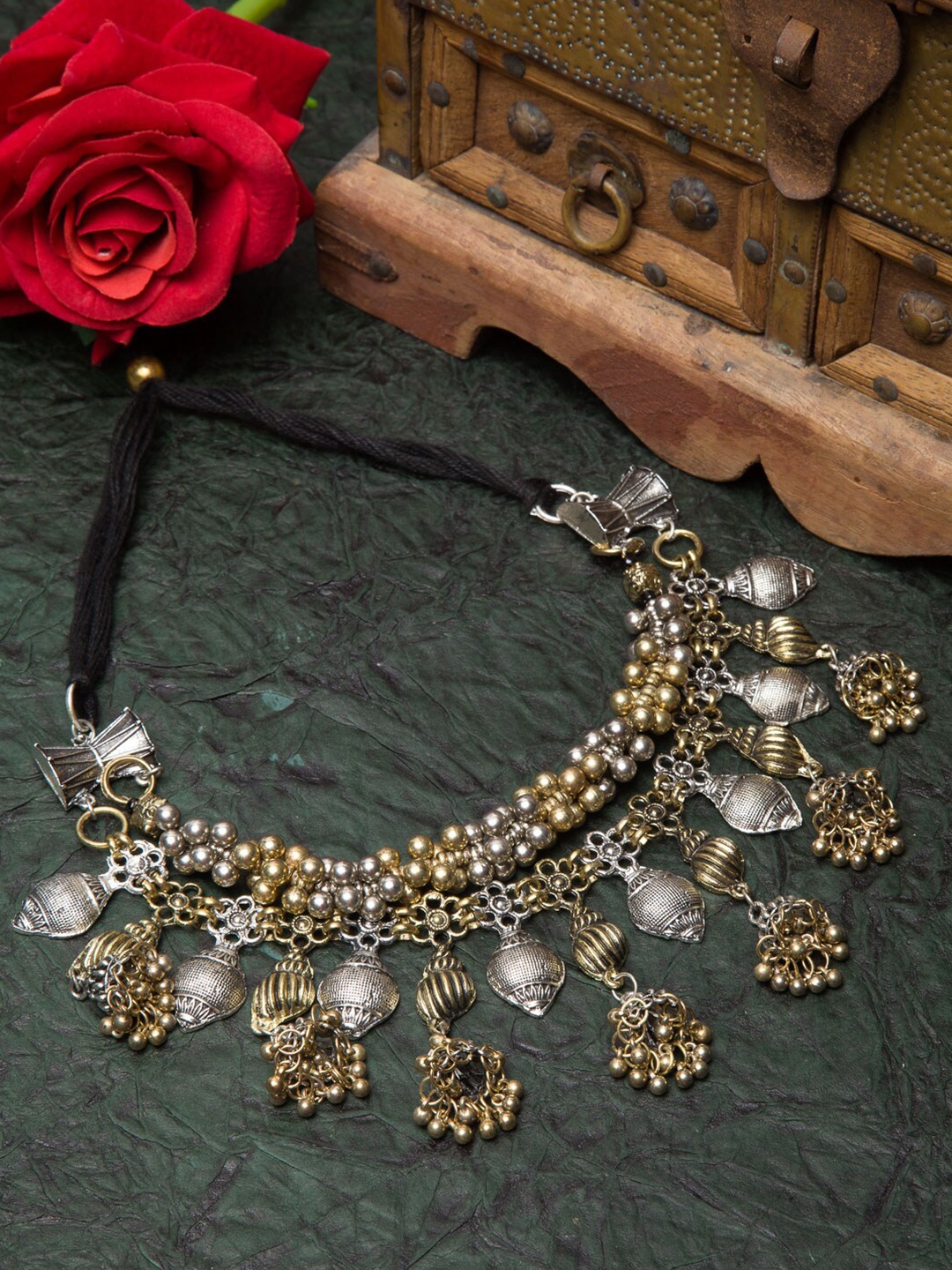

Moedbuille Gold-Toned & Silver-Toned Brass Gold-Plated Tasseled & Oxidised Necklace