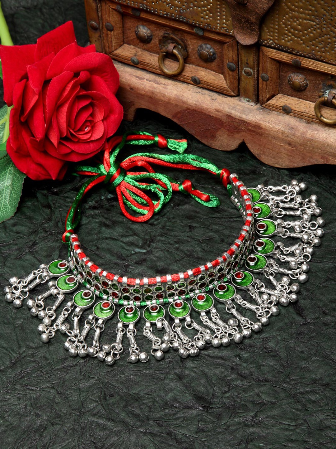 

Moedbuille Silver-Toned & Green Brass Silver-Plated Meenakari Necklace