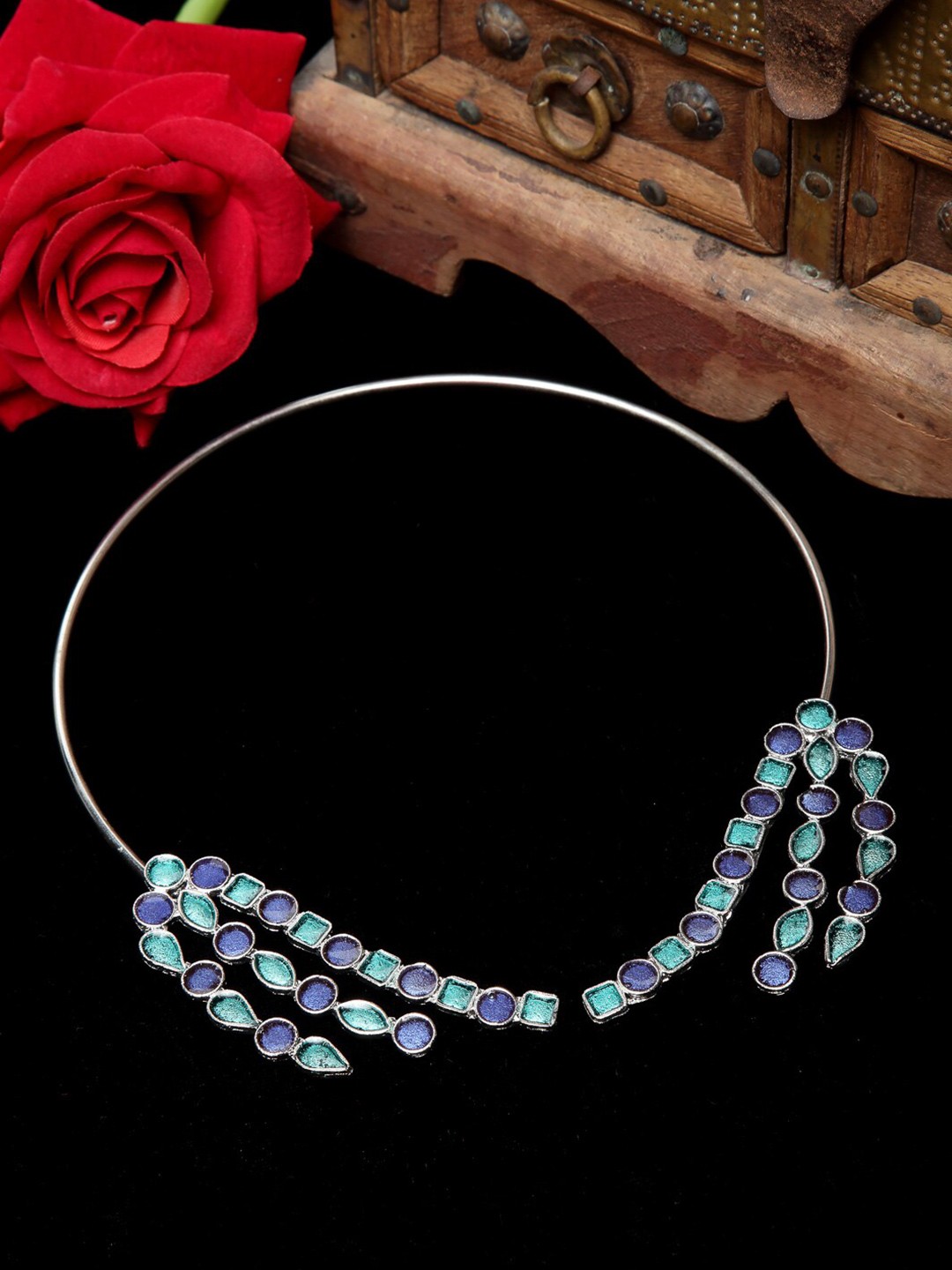 

Moedbuille Women Turquoise Blue Oxidised Afghan Design Hasli Choker